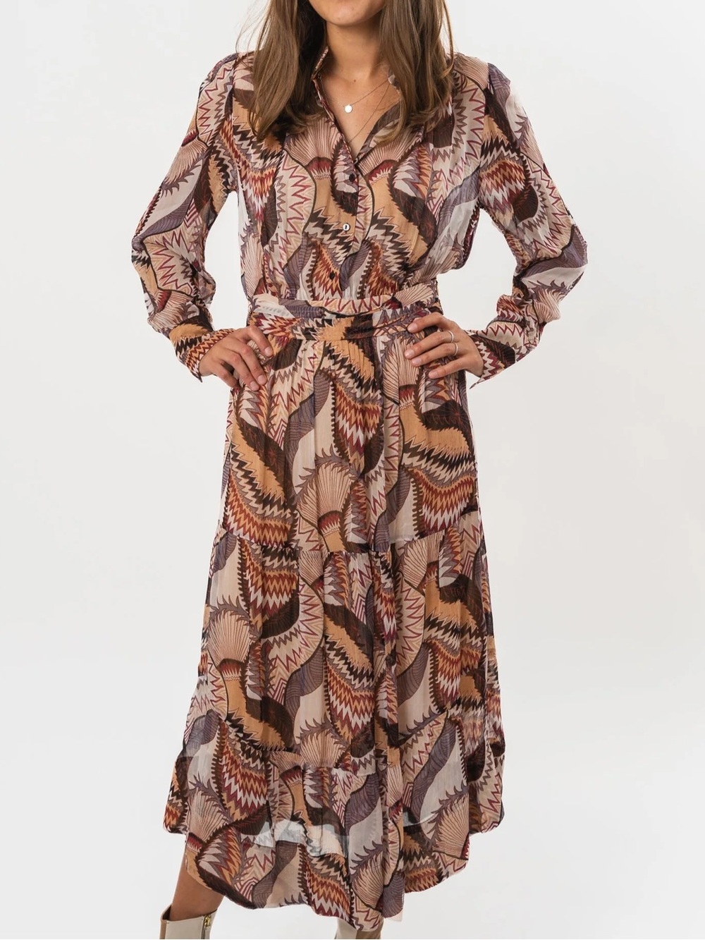 Ba&sh Printed Long Sleeve Midi Dress in Brown and Tan